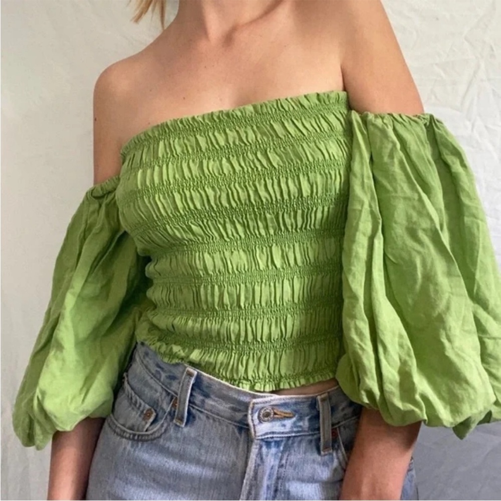 Young Fabulous & Broke Linen Blouse Yacht Top Green Puff Sleeve Smocked Summer S
